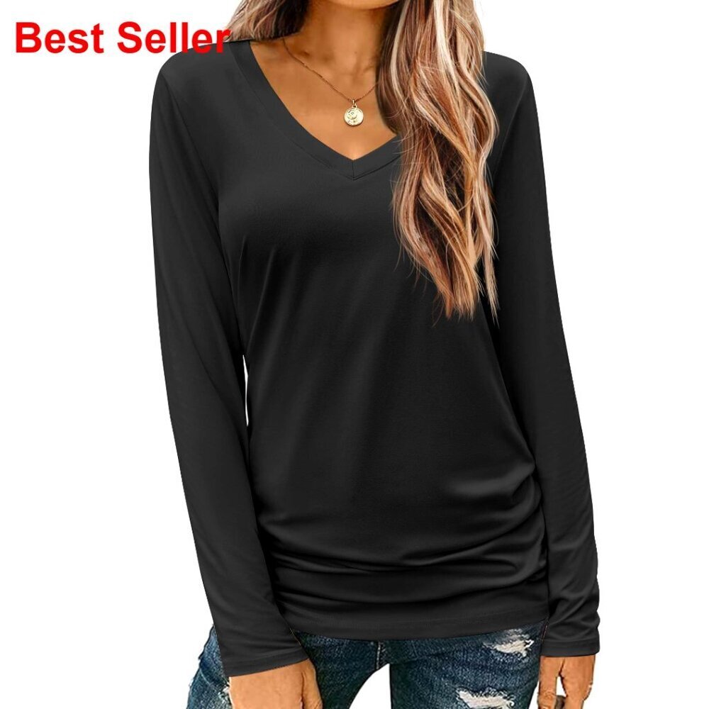 Long Sleeve V-Neck Tee, Loose Fit, Polyester Spandex, S-XXL